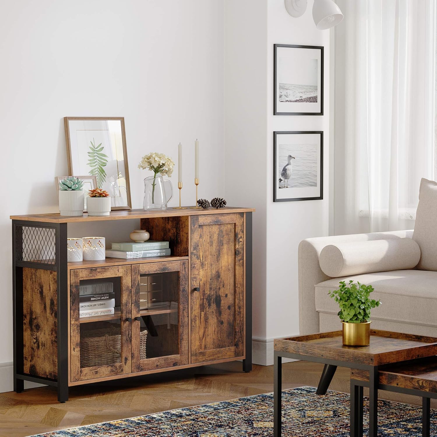 VASAGLE Sideboard, Küchenschrank, Aufbewahrungsschrank, mit 3 Türen, für Wohnzimmer, Küche, Esszimmer, 33 x 110 x 75 cm, Landhausstil, vintagebraun-schwarz LSC096B01 — Ansicht 4