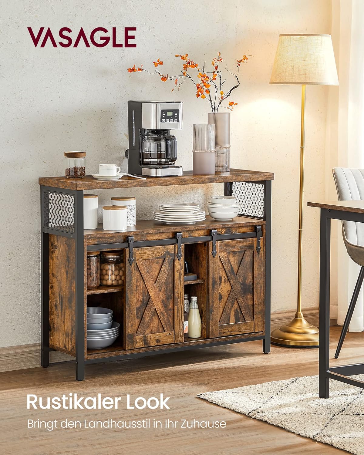 VASAGLE Sideboard, Küchenschrank, Aufbewahrungsschrank, mit 2 Schiebetüren, 33 x 100 x 80 cm, verstellbare Einlegeböden, für Wohnzimmer, rustikales Braun und Tintenschwarz LSC092B01 — Ansicht 4