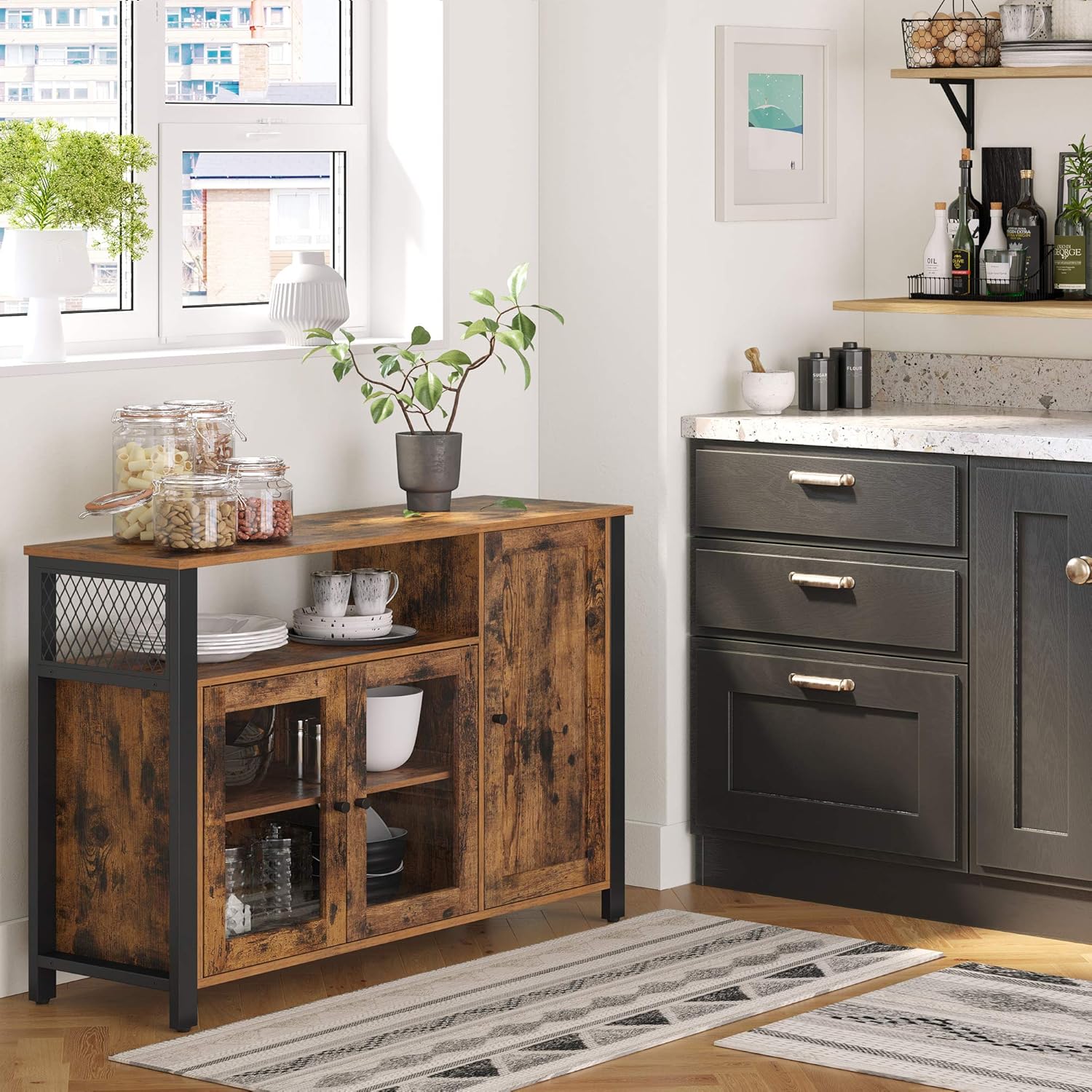 VASAGLE Sideboard, Küchenschrank, Aufbewahrungsschrank, mit 3 Türen, für Wohnzimmer, Küche, Esszimmer, 33 x 110 x 75 cm, Landhausstil, vintagebraun-schwarz LSC096B01 — Ansicht 5