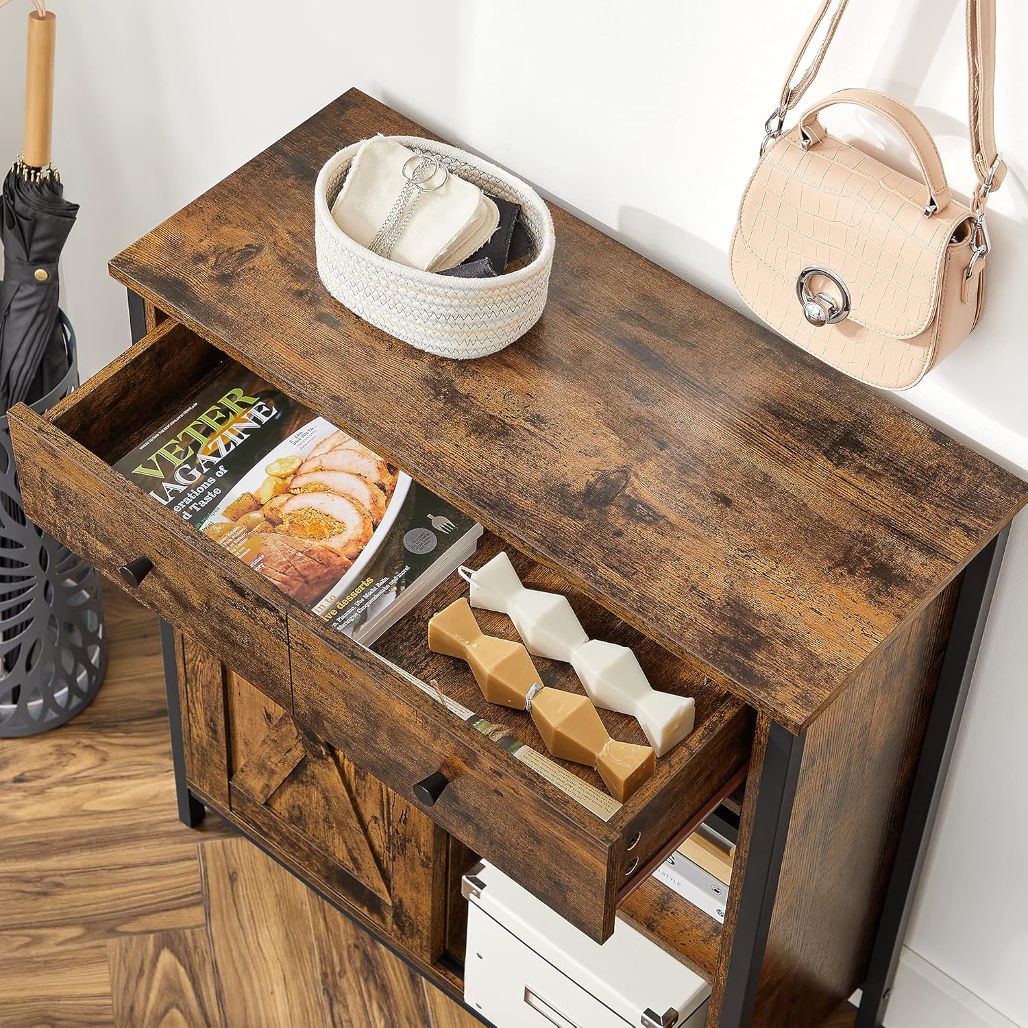 VASAGLE Sideboard, KÜchenschrank, Aufbewahrungsschrank, mit SchiebetÜr, 30 x 70 x 80 cm, verstellbare Ablage, Landhausstil, fÜr Wohnzimmer, vintagebraun-schwarz LSC100B01 — Ansicht 5