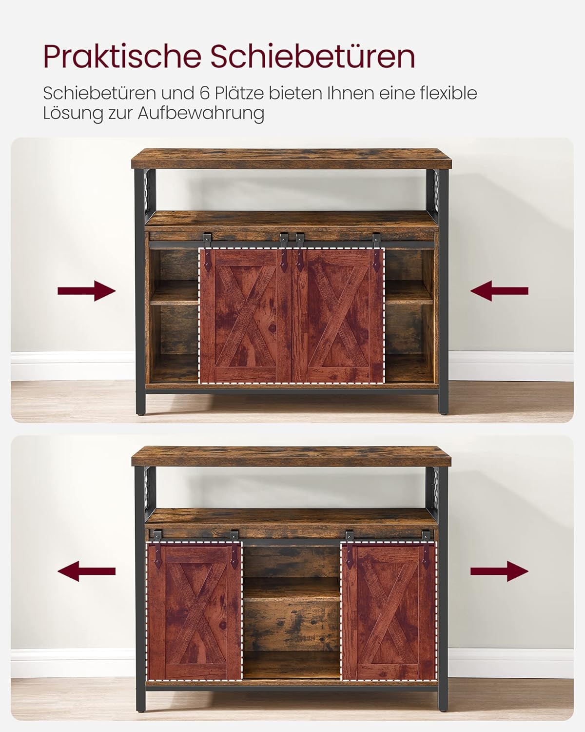 VASAGLE Sideboard, Küchenschrank, Aufbewahrungsschrank, mit 2 Schiebetüren, 33 x 100 x 80 cm, verstellbare Einlegeböden, für Wohnzimmer, rustikales Braun und Tintenschwarz LSC092B01 — Ansicht 5