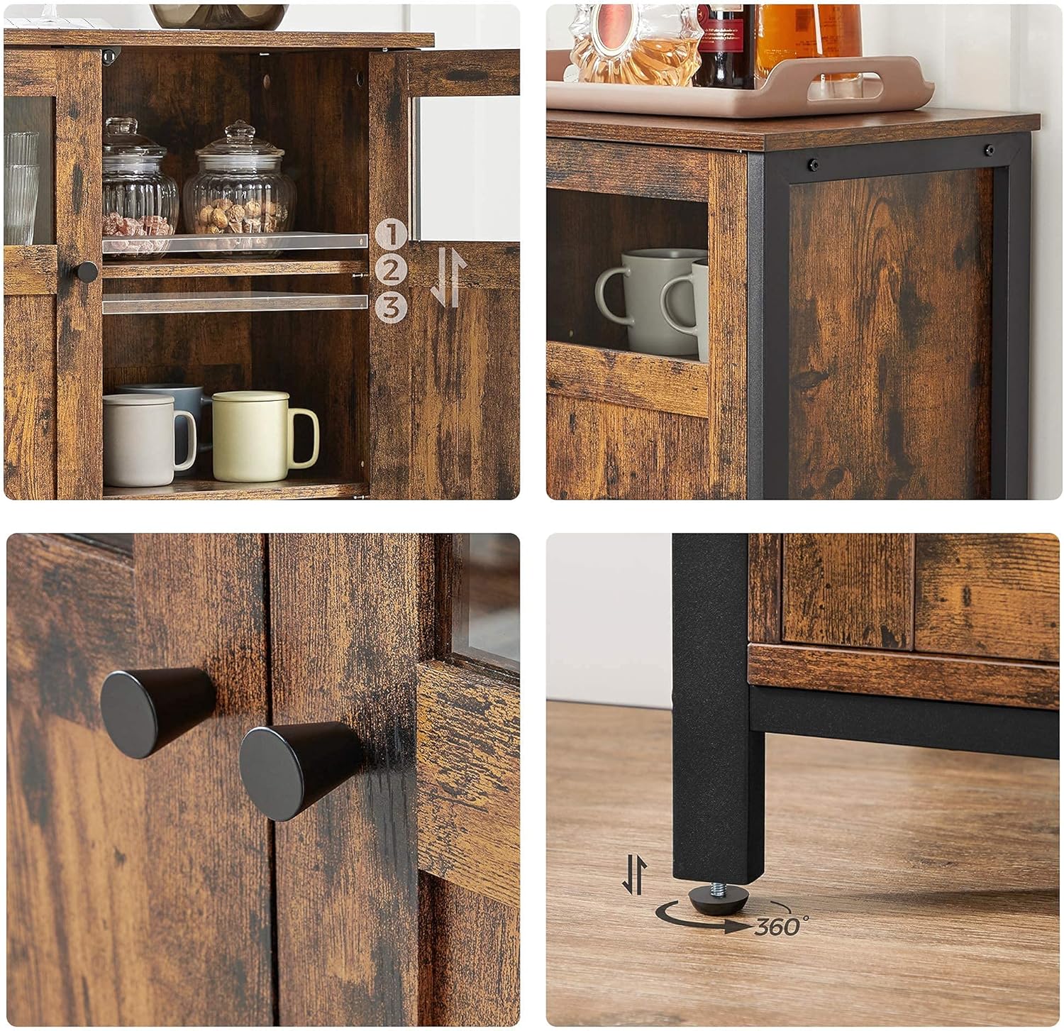 VASAGLE Sideboard, Küchenschrank, Aufbewahrungsschrank, mit Glastüren, für Wohnzimmer, Küche, Esszimmer, Stahlrahmen, Industriestil, vintagebraun-tintenschwarz LSC099B01 — Ansicht 5