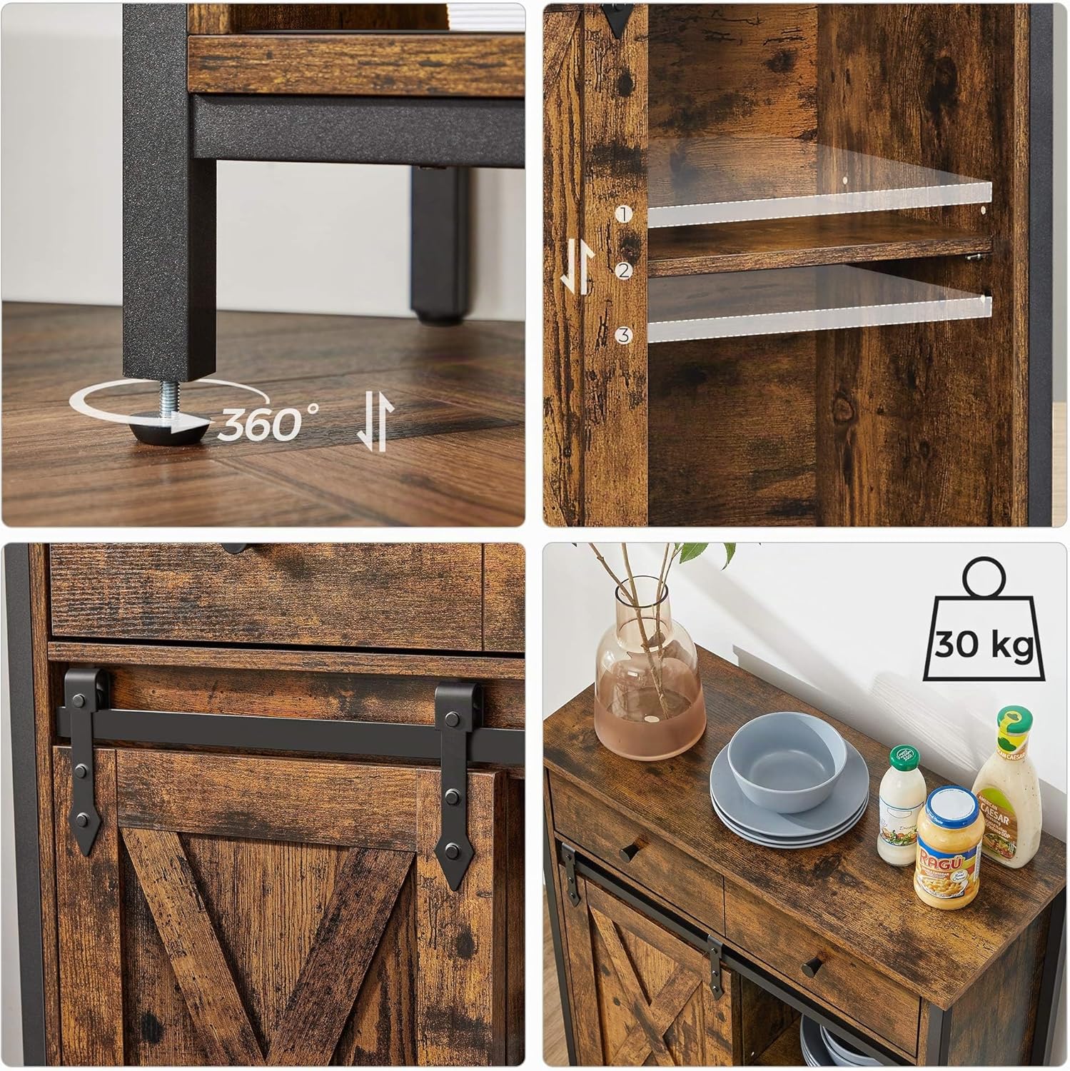 VASAGLE Sideboard, KÜchenschrank, Aufbewahrungsschrank, mit SchiebetÜr, 30 x 70 x 80 cm, verstellbare Ablage, Landhausstil, fÜr Wohnzimmer, vintagebraun-schwarz LSC100B01 — Ansicht 6