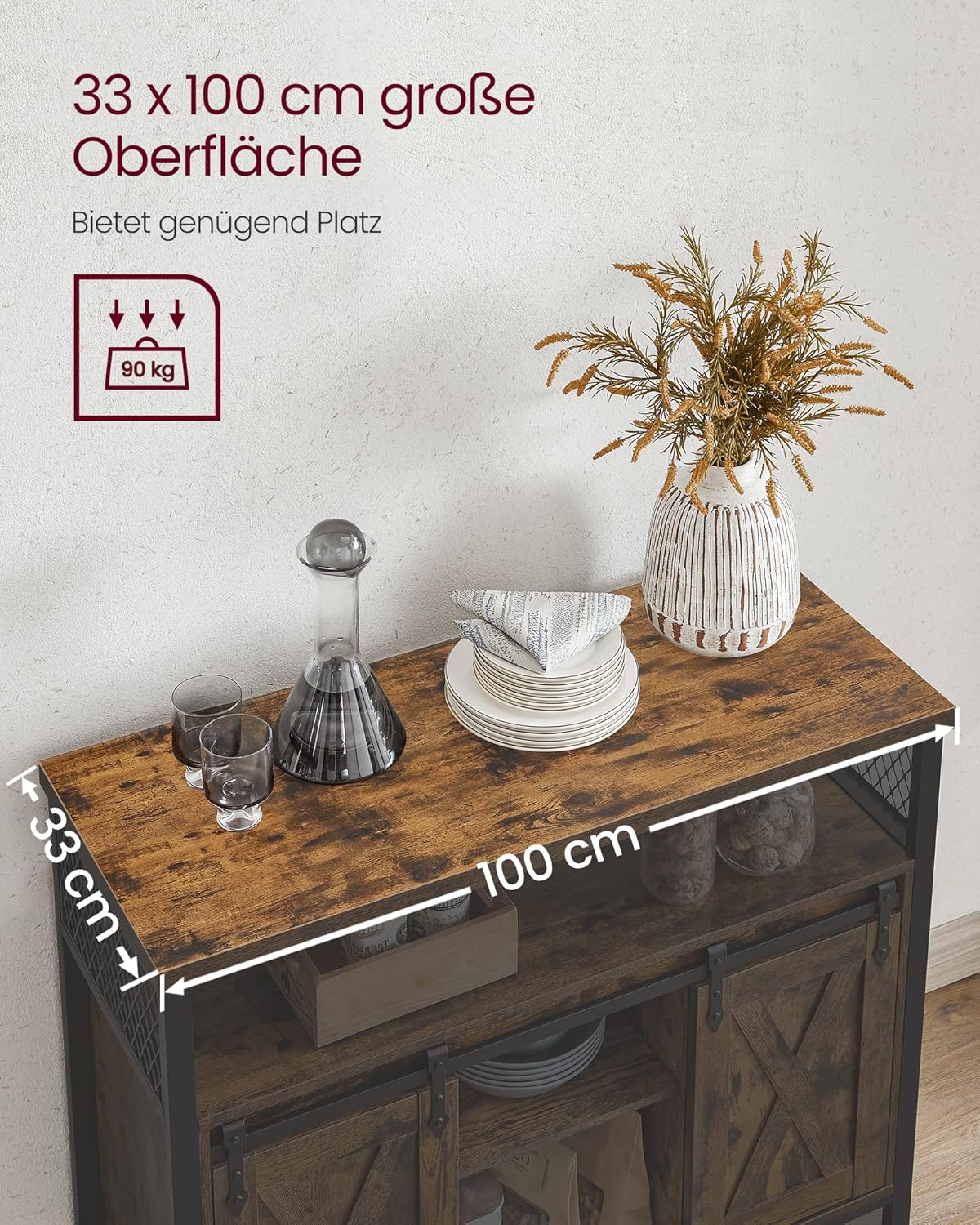 VASAGLE Sideboard, Küchenschrank, Aufbewahrungsschrank, mit 2 Schiebetüren, 33 x 100 x 80 cm, verstellbare Einlegeböden, für Wohnzimmer, rustikales Braun und Tintenschwarz LSC092B01 — Ansicht 6