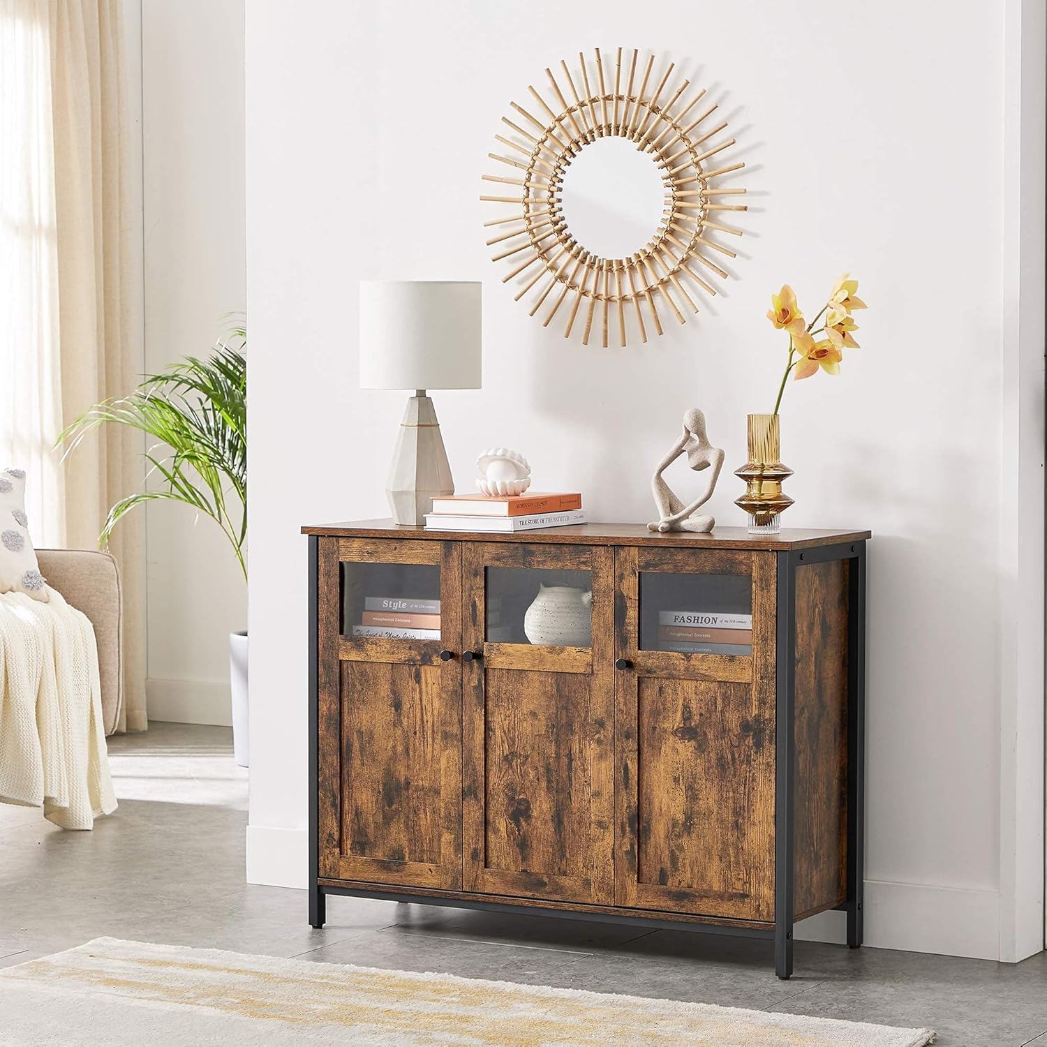 VASAGLE Sideboard, Küchenschrank, Aufbewahrungsschrank, mit Glastüren, für Wohnzimmer, Küche, Esszimmer, Stahlrahmen, Industriestil, vintagebraun-tintenschwarz LSC099B01 — Ansicht 6