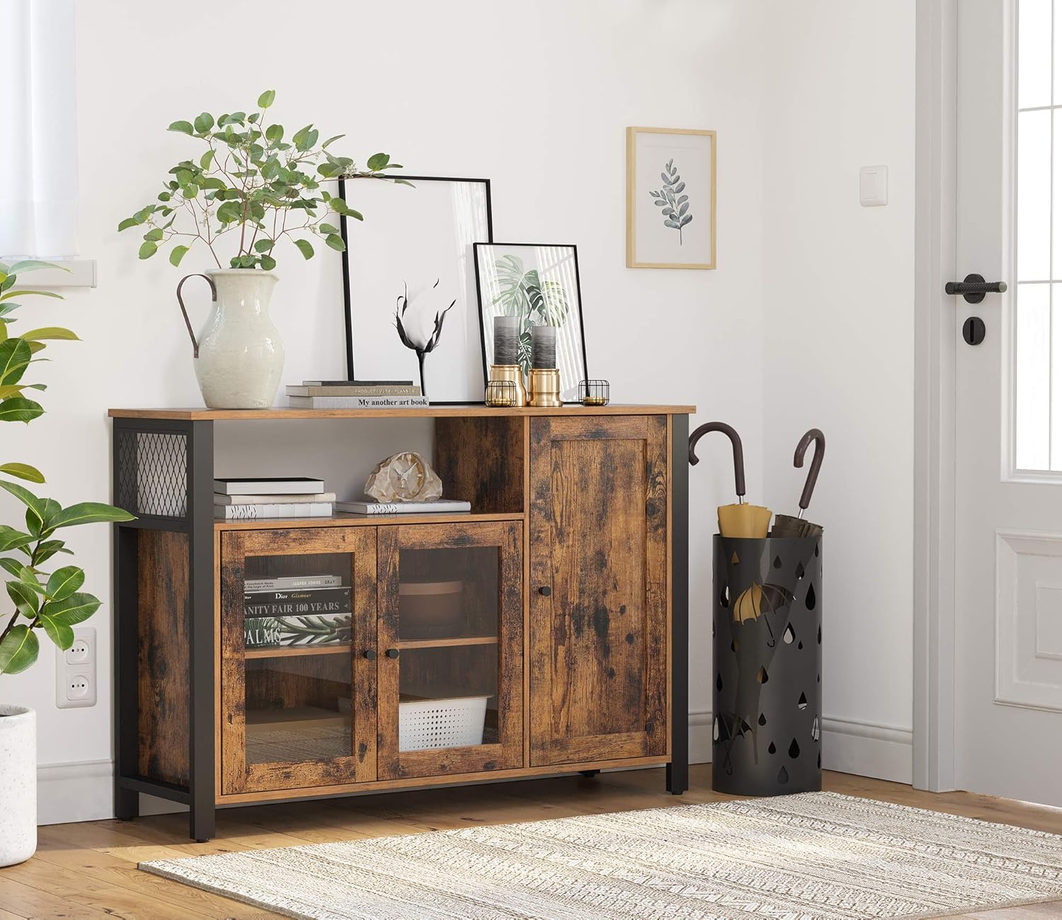 VASAGLE Sideboard, Küchenschrank, Aufbewahrungsschrank, mit 3 Türen, für Wohnzimmer, Küche, Esszimmer, 33 x 110 x 75 cm, Landhausstil, vintagebraun-schwarz LSC096B01 — Ansicht 6