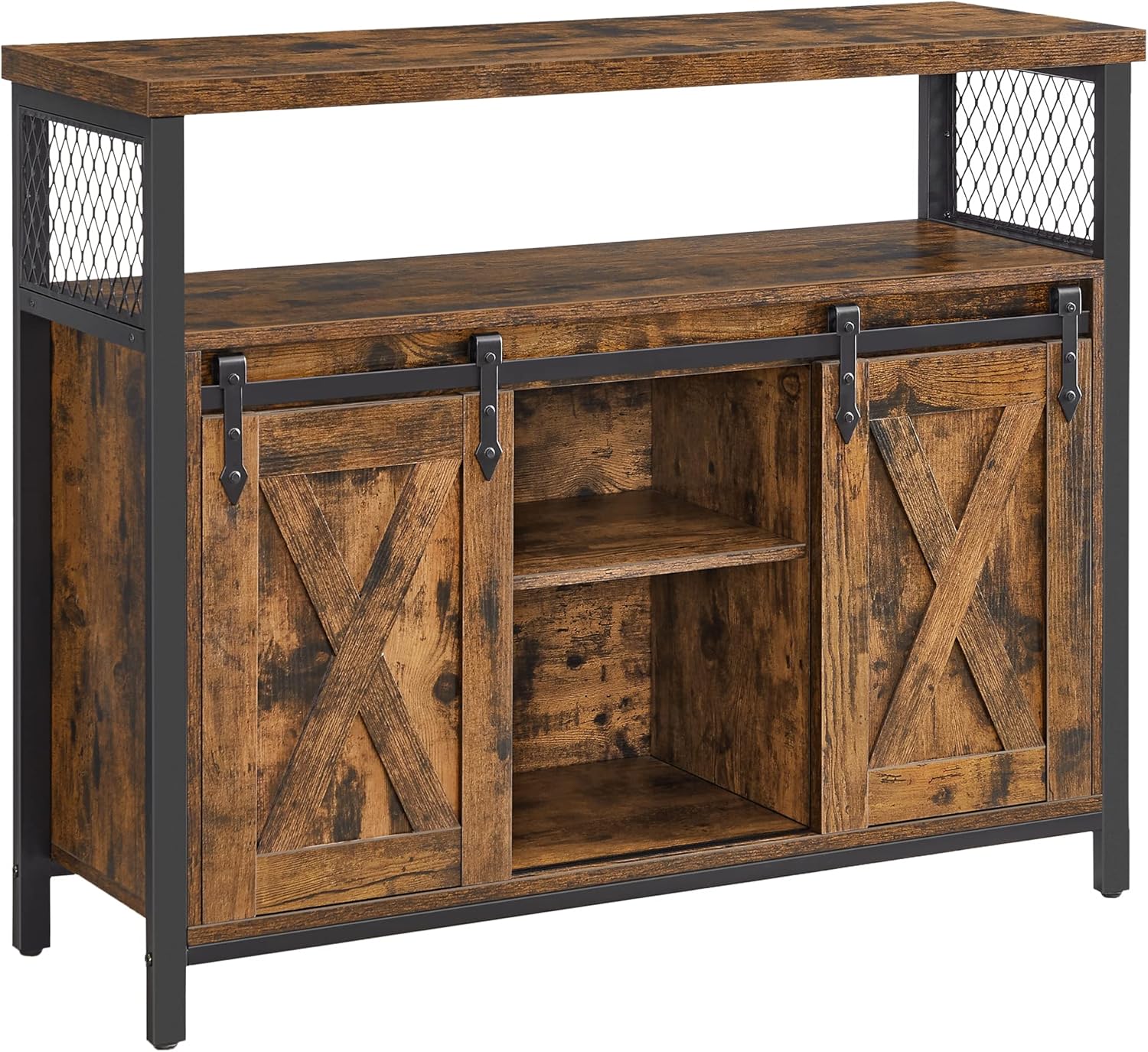 VASAGLE Sideboard, Küchenschrank, Aufbewahrungsschrank, mit 2 Schiebetüren, 33 x 100 x 80 cm, verstellbare Einlegeböden, für Wohnzimmer, rustikales Braun und Tintenschwarz LSC092B01