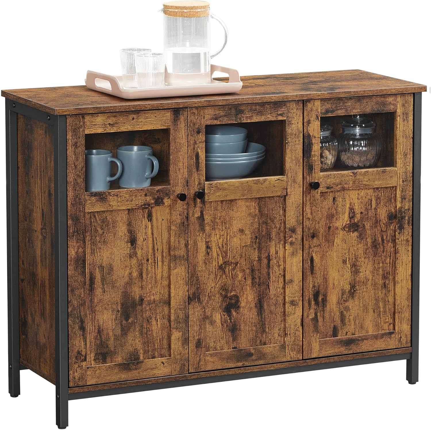 VASAGLE Sideboard, Küchenschrank, Aufbewahrungsschrank, mit Glastüren, für Wohnzimmer, Küche, Esszimmer, Stahlrahmen, Industriestil, vintagebraun-tintenschwarz LSC099B01