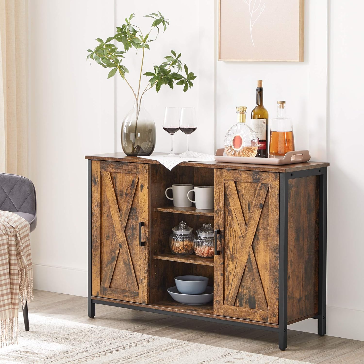 VASAGLE Sideboard, Küchenschrank, offene Regalfächer, Beistellschrank mit Türen, 100 x 35 x 70 cm, Industrie-Design, vintagebraun-schwarz LSC098B01 — Ansicht 2