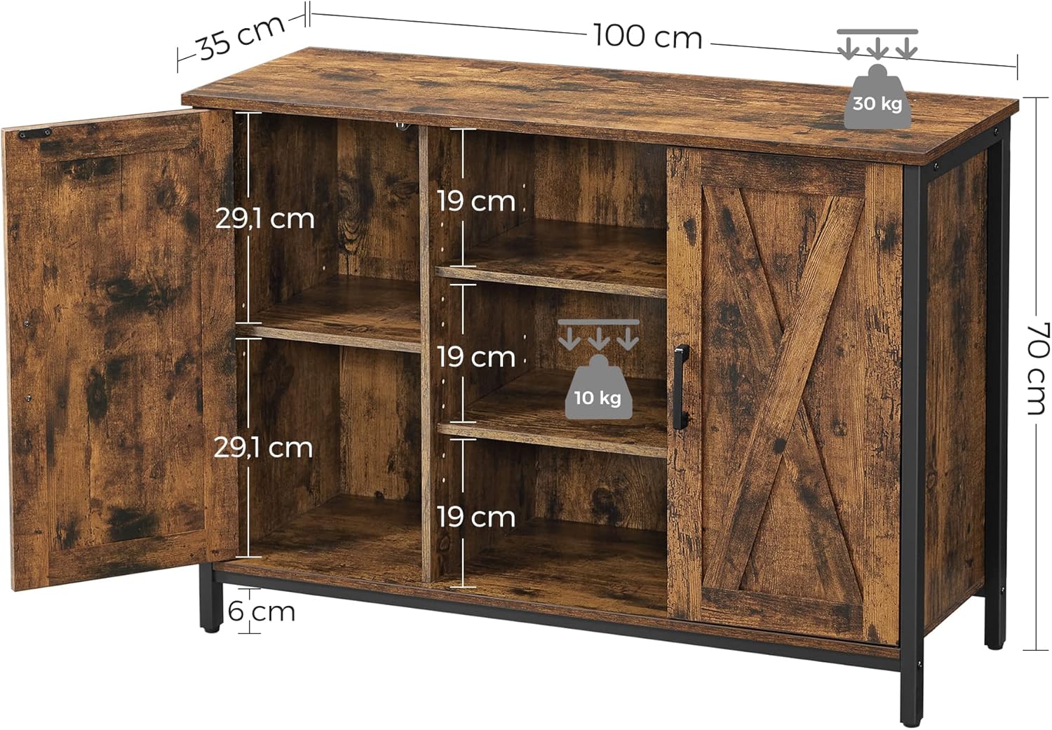 VASAGLE Sideboard, Küchenschrank, offene Regalfächer, Beistellschrank mit Türen, 100 x 35 x 70 cm, Industrie-Design, vintagebraun-schwarz LSC098B01 — Ansicht 3