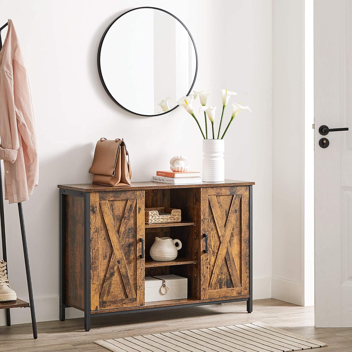 VASAGLE Sideboard, Küchenschrank, offene Regalfächer, Beistellschrank mit Türen, 100 x 35 x 70 cm, Industrie-Design, vintagebraun-schwarz LSC098B01 — Ansicht 5