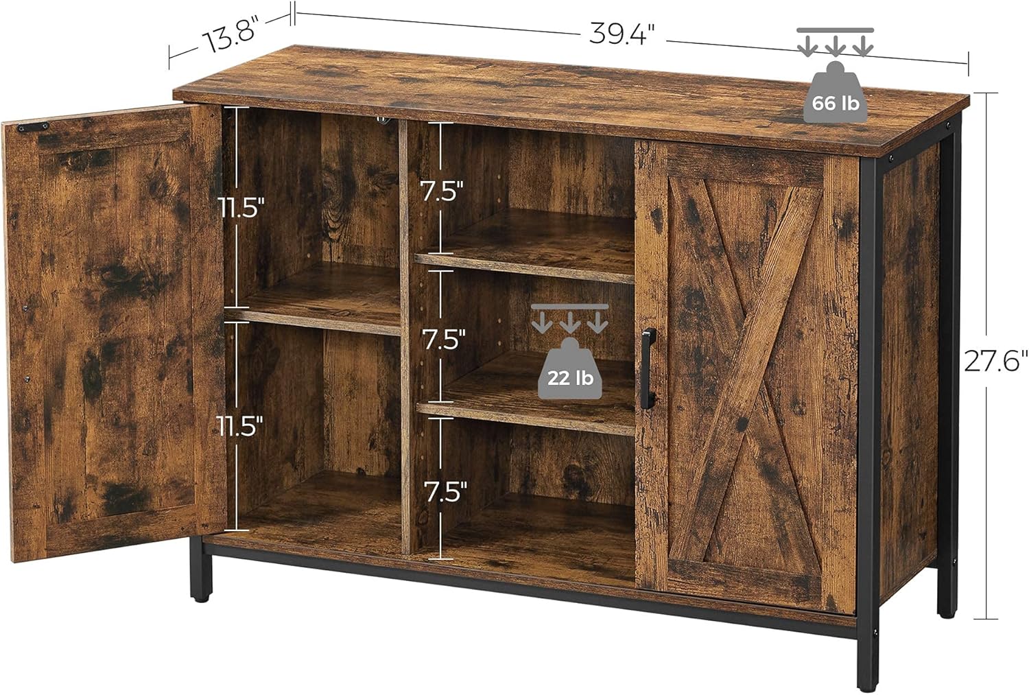 VASAGLE Sideboard, Küchenschrank, offene Regalfächer, Beistellschrank mit Türen, 100 x 35 x 70 cm, Industrie-Design, vintagebraun-schwarz LSC098B01 — Ansicht 6
