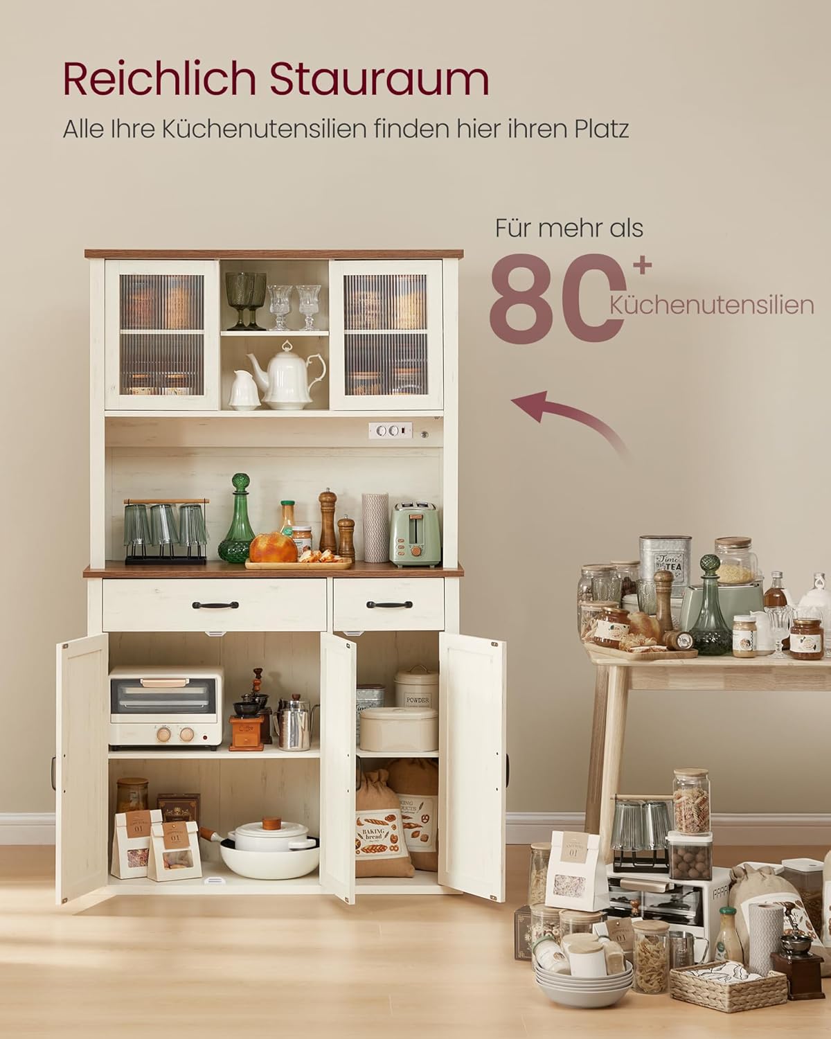 VASAGLE Sideboard mit Beleuchtung und Ladestation, Küchenschrank, Aufbewahrungsschrank, mit Türen und Schubladen, 39,5 x 106,5 x 180,6 cm, verstellbare Ablagen, Landhausstil, vintageweiß BBK391W02 — Ansicht 5