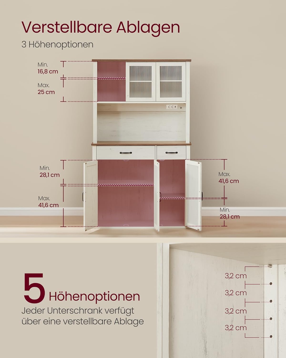 VASAGLE Sideboard mit Beleuchtung und Ladestation, Küchenschrank, Aufbewahrungsschrank, mit Türen und Schubladen, 39,5 x 106,5 x 180,6 cm, verstellbare Ablagen, Landhausstil, vintageweiß BBK391W02 — Ansicht 6