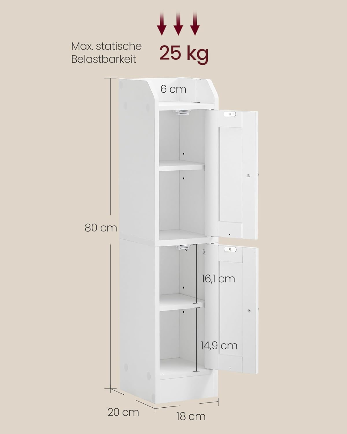 VASAGLE Siren Kollektion - Badezimmerschrank schmal, Badschrank, Eckschrank, verstellbare Ablagen, Hochschrank Bad, Türen nach Links oder rechts öffnend, Landhausstil, wolkenweiß BBK312WB02 — Ansicht 3