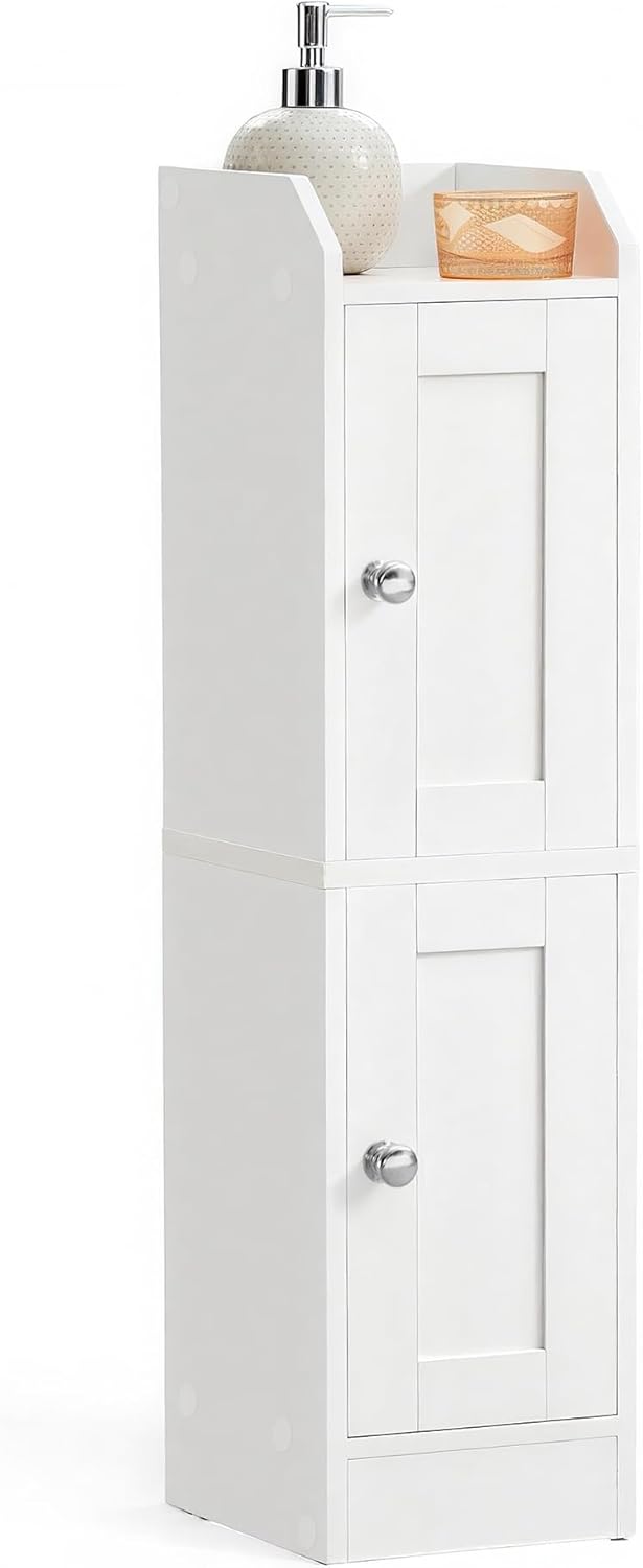 VASAGLE Siren Kollektion - Badezimmerschrank schmal, Badschrank, Eckschrank, verstellbare Ablagen, Hochschrank Bad, Türen nach Links oder rechts öffnend, Landhausstil, wolkenweiß BBK312WB02