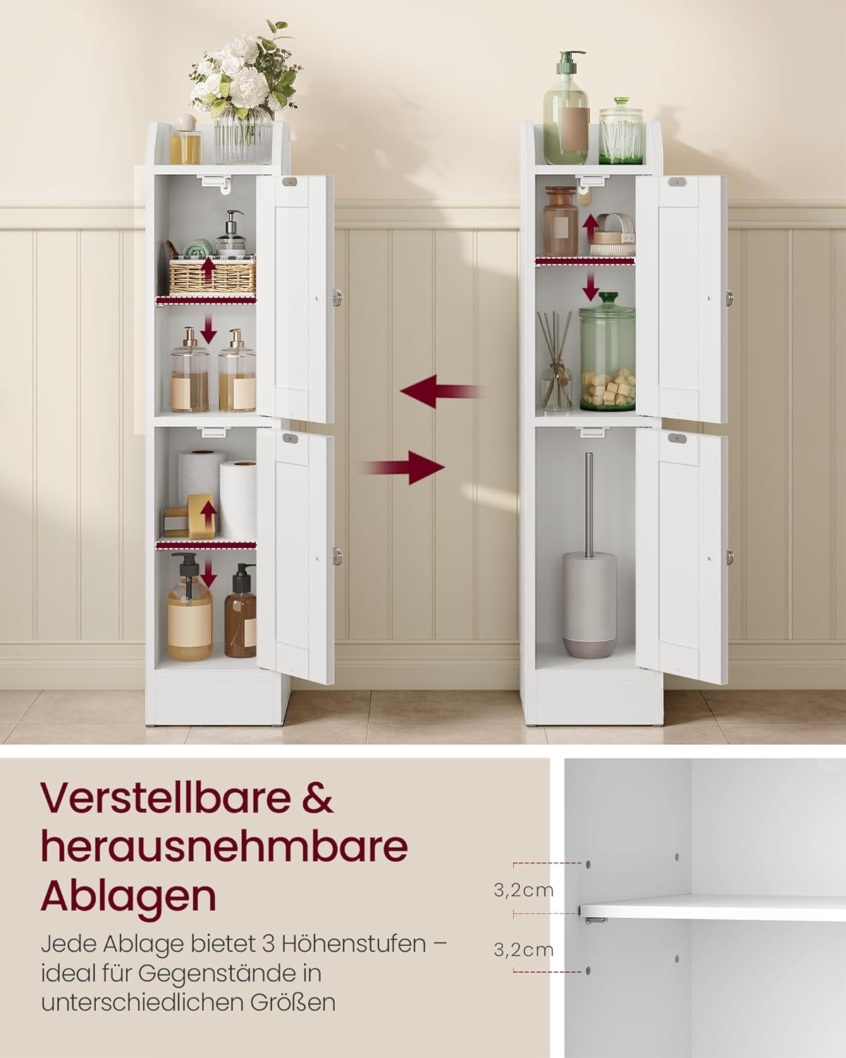 VASAGLE Siren Kollektion - Badezimmerschrank schmal, Badschrank, Eckschrank, verstellbare Ablagen, Hochschrank Bad, Türen nach Links oder rechts öffnend, Landhausstil, wolkenweiß BBK312WB02 — Ansicht 5