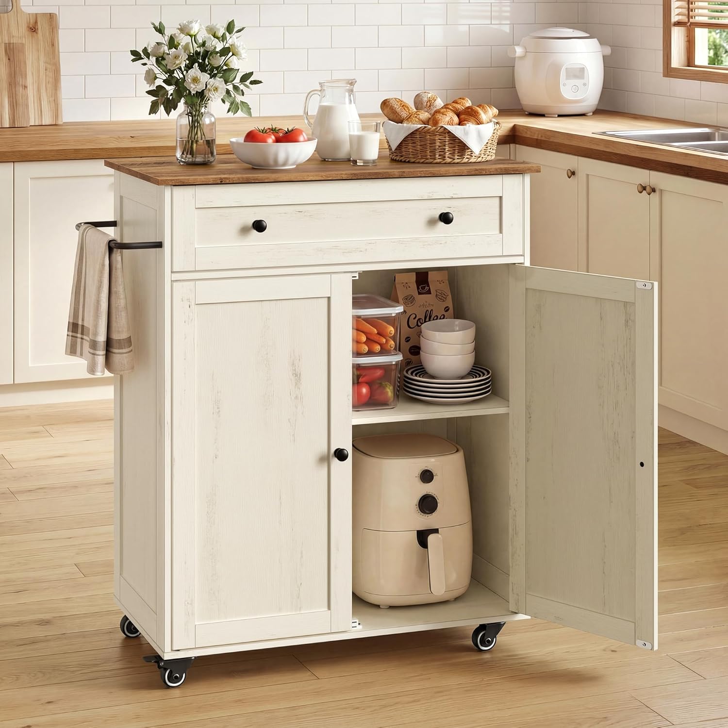 VASAGLE Siren Kollektion - Küchenschrank, Kücheninsel, Küchenwagen mit Arbeitsplatte, Rollen, Rollwagen Küche, Schublade, Landhausstil, verstellbare Ablage, wolkenweiß-honigbraun KKI009WJ01