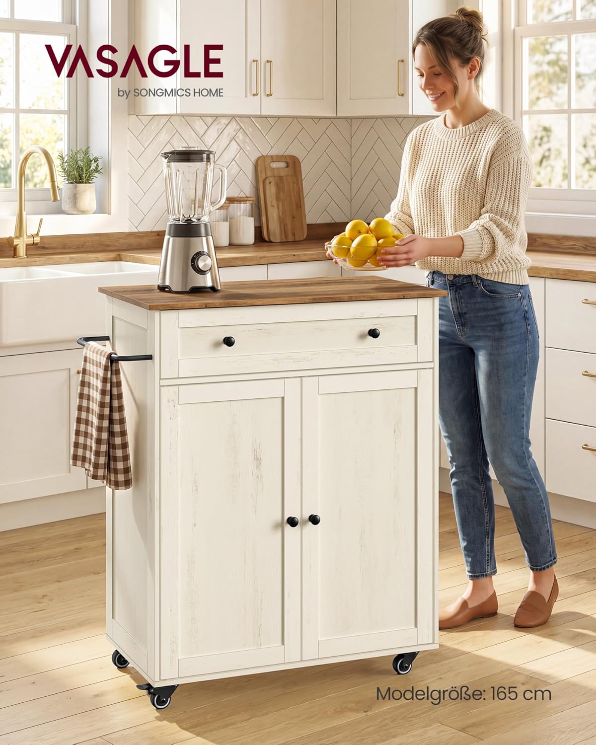 VASAGLE Siren Kollektion - Küchenschrank, Kücheninsel, Küchenwagen mit Arbeitsplatte, Rollen, Rollwagen Küche, Schublade, Landhausstil, verstellbare Ablage, wolkenweiß-honigbraun KKI009WJ01 — Ansicht 2