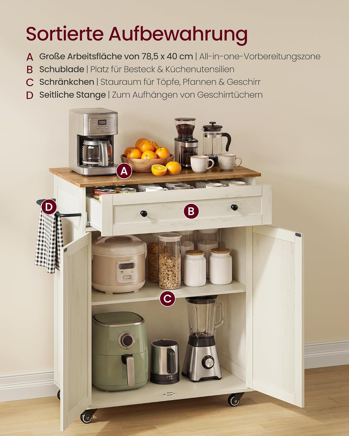 VASAGLE Siren Kollektion - Küchenschrank, Kücheninsel, Küchenwagen mit Arbeitsplatte, Rollen, Rollwagen Küche, Schublade, Landhausstil, verstellbare Ablage, wolkenweiß-honigbraun KKI009WJ01 — Ansicht 3