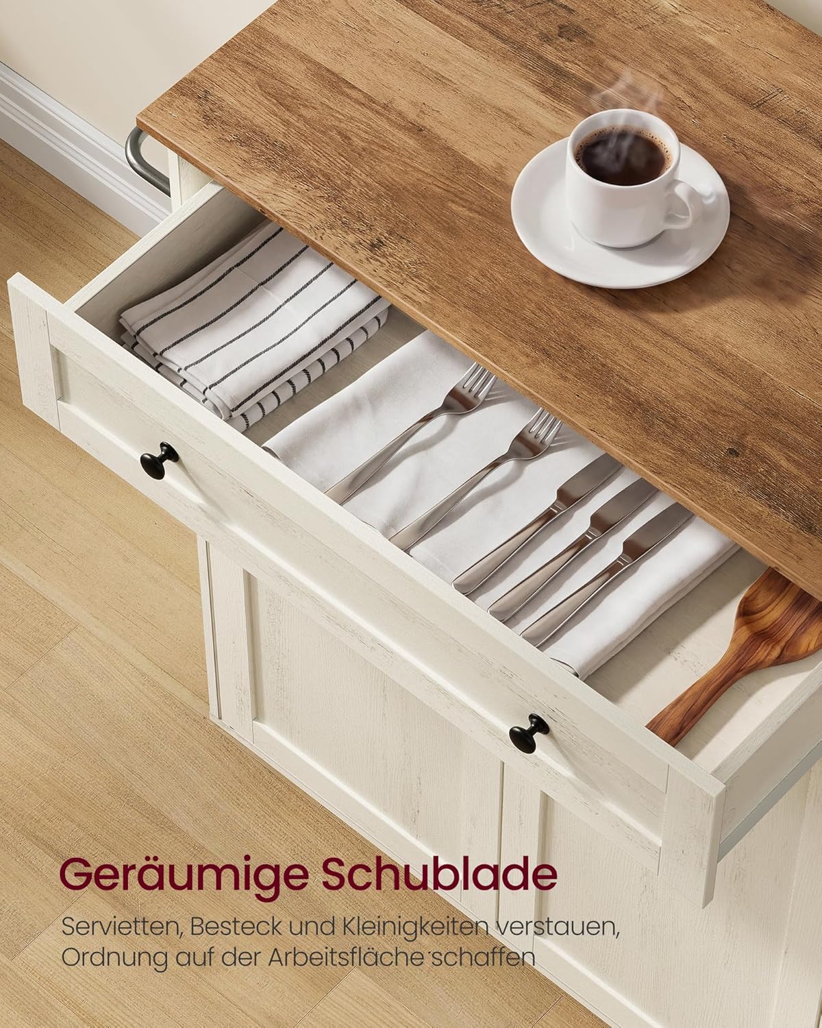 VASAGLE Siren Kollektion - Küchenschrank, Kücheninsel, Küchenwagen mit Arbeitsplatte, Rollen, Rollwagen Küche, Schublade, Landhausstil, verstellbare Ablage, wolkenweiß-honigbraun KKI009WJ01 — Ansicht 4
