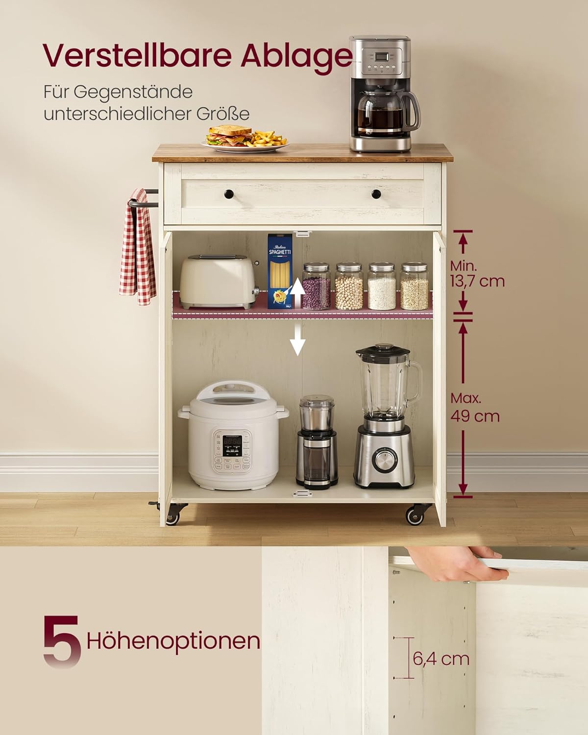 VASAGLE Siren Kollektion - Küchenschrank, Kücheninsel, Küchenwagen mit Arbeitsplatte, Rollen, Rollwagen Küche, Schublade, Landhausstil, verstellbare Ablage, wolkenweiß-honigbraun KKI009WJ01 — Ansicht 5