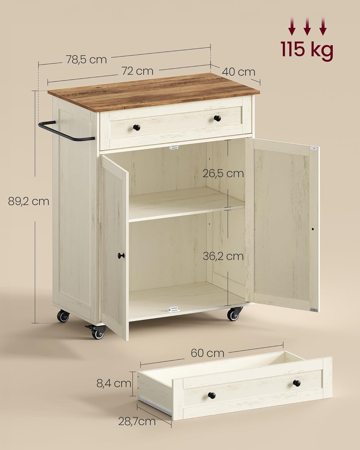 VASAGLE Siren Kollektion - Küchenschrank, Kücheninsel, Küchenwagen mit Arbeitsplatte, Rollen, Rollwagen Küche, Schublade, Landhausstil, verstellbare Ablage, wolkenweiß-honigbraun KKI009WJ01 — Ansicht 6