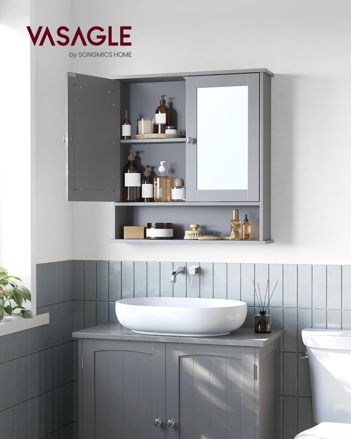 VASAGLE Spiegelschrank, Badschrank, Wandschrank, Hängeschrank mit 2 Spiegeltüren und offenem Fach, verstellbare Ablage, Wandmontage, 13 x 56,5 x 58,5 cm, Taubengrau LHC002G02 — Ansicht 2