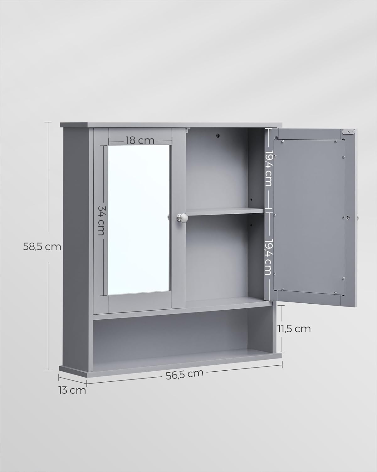 VASAGLE Spiegelschrank, Badschrank, Wandschrank, Hängeschrank mit 2 Spiegeltüren und offenem Fach, verstellbare Ablage, Wandmontage, 13 x 56,5 x 58,5 cm, Taubengrau LHC002G02 — Ansicht 3