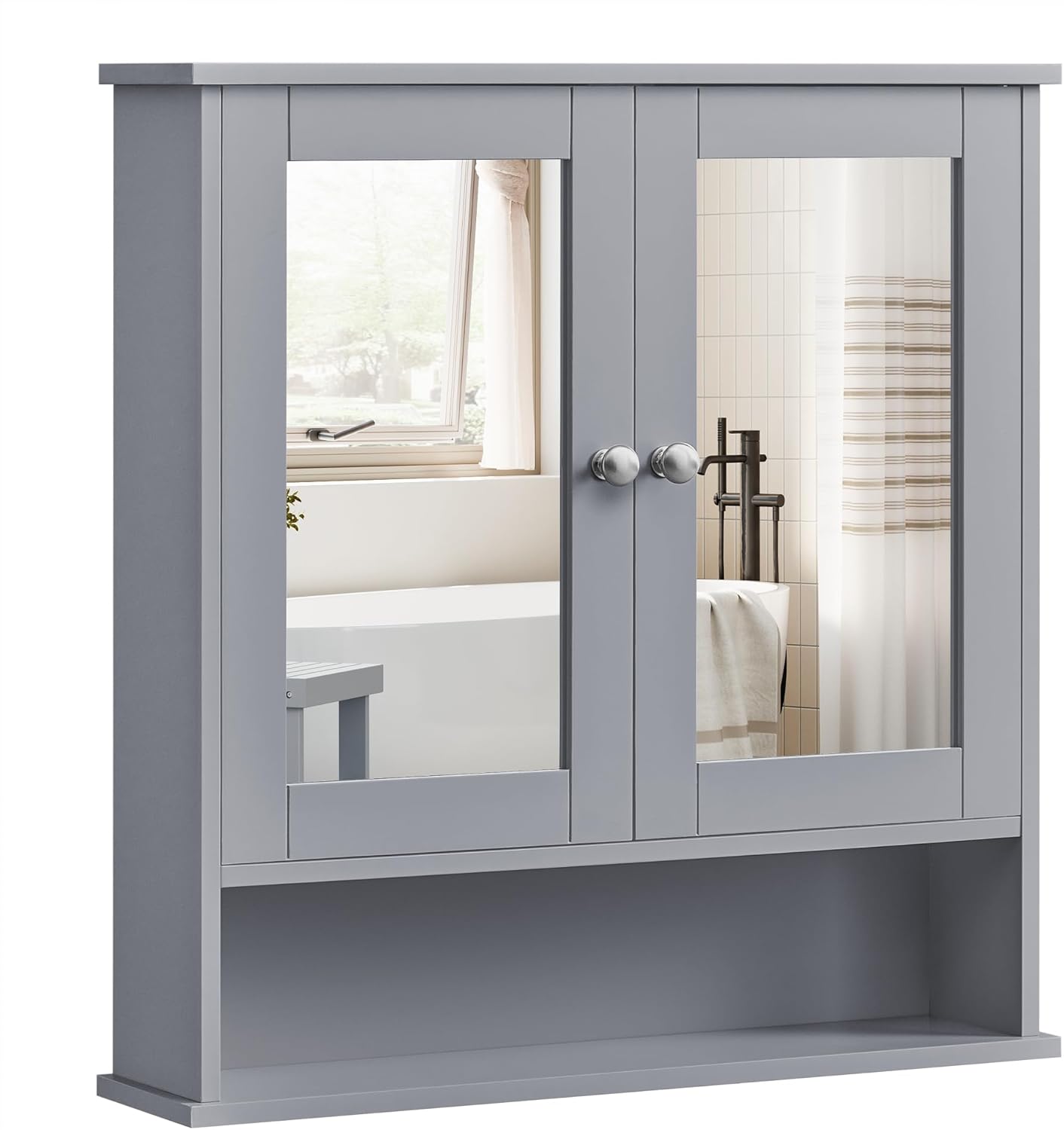 VASAGLE Spiegelschrank, Badschrank, Wandschrank, Hängeschrank mit 2 Spiegeltüren und offenem Fach, verstellbare Ablage, Wandmontage, 13 x 56,5 x 58,5 cm, Taubengrau LHC002G02