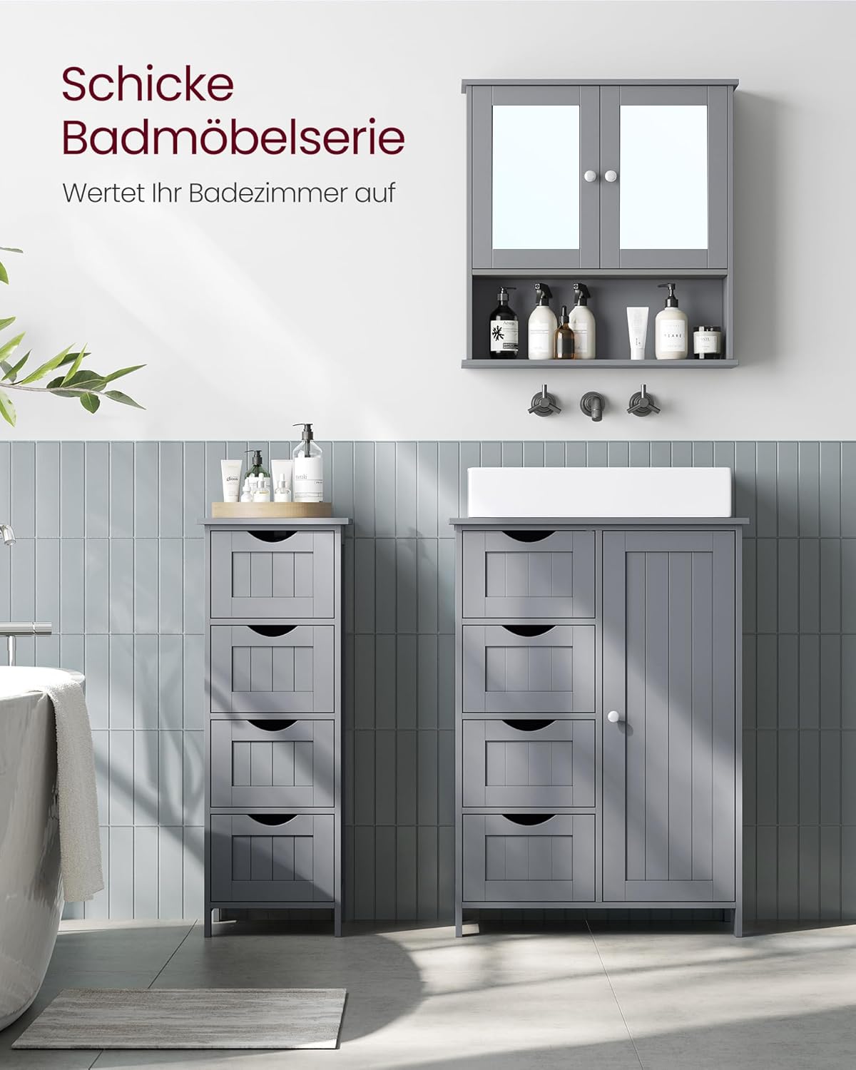 VASAGLE Spiegelschrank, Badschrank, Wandschrank, Hängeschrank mit 2 Spiegeltüren und offenem Fach, verstellbare Ablage, Wandmontage, 13 x 56,5 x 58,5 cm, Taubengrau LHC002G02 — Ansicht 4