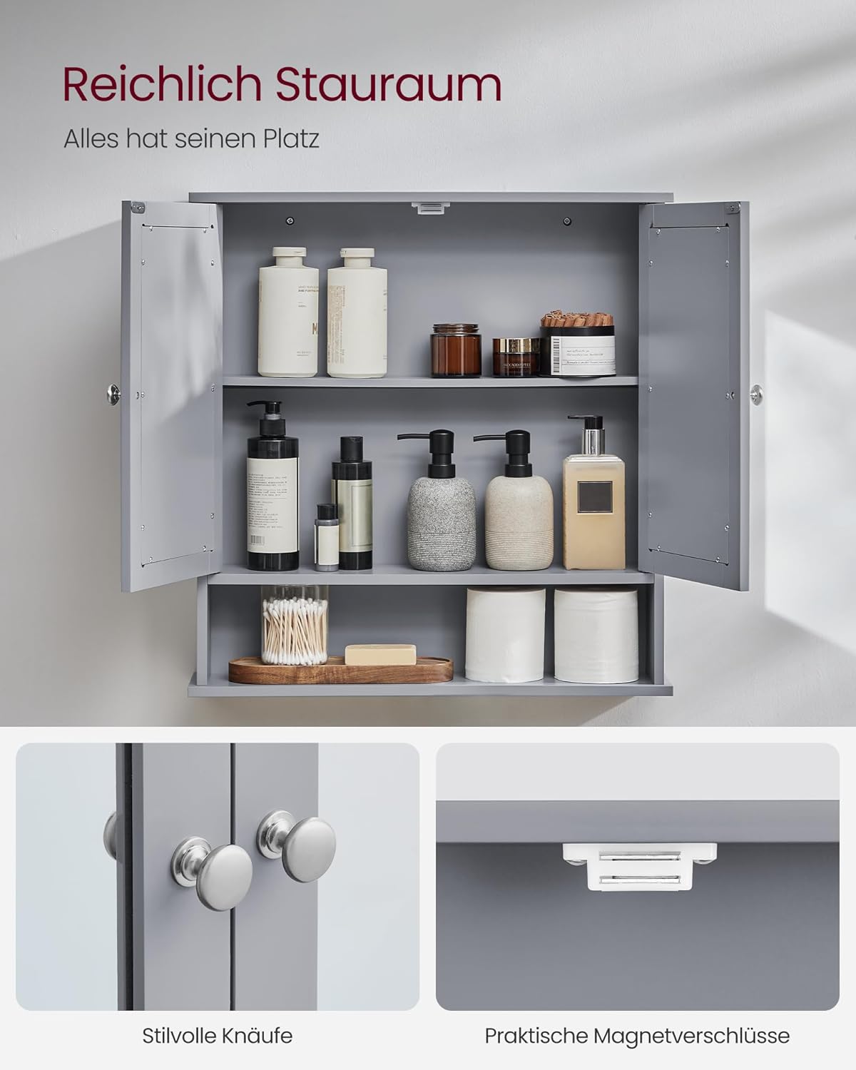 VASAGLE Spiegelschrank, Badschrank, Wandschrank, Hängeschrank mit 2 Spiegeltüren und offenem Fach, verstellbare Ablage, Wandmontage, 13 x 56,5 x 58,5 cm, Taubengrau LHC002G02 — Ansicht 6