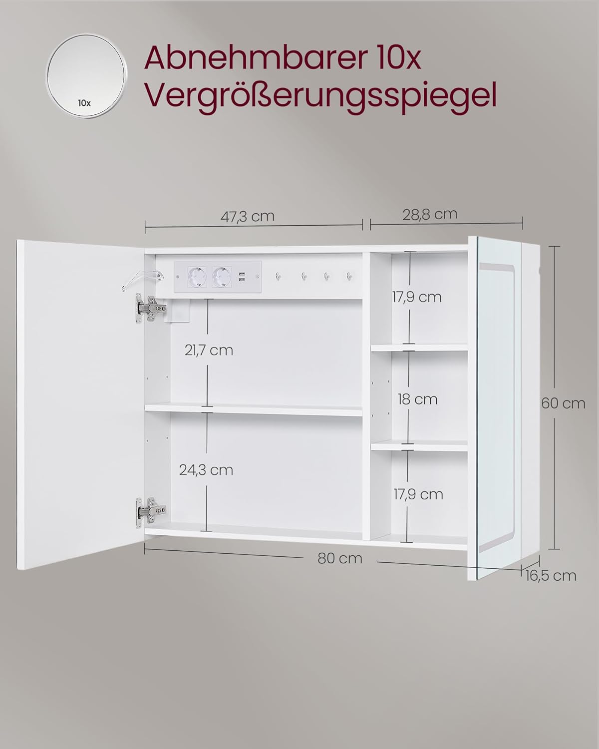 VASAGLE Spiegelschrank mit Beleuchtung Badezimmerschrank | Wandschrank, Steckdosenleiste, Entfogging-Funktion, 10x Vergrößerungsspiegel, KAILYN Kollektion, BBK134W01 — Ansicht 3