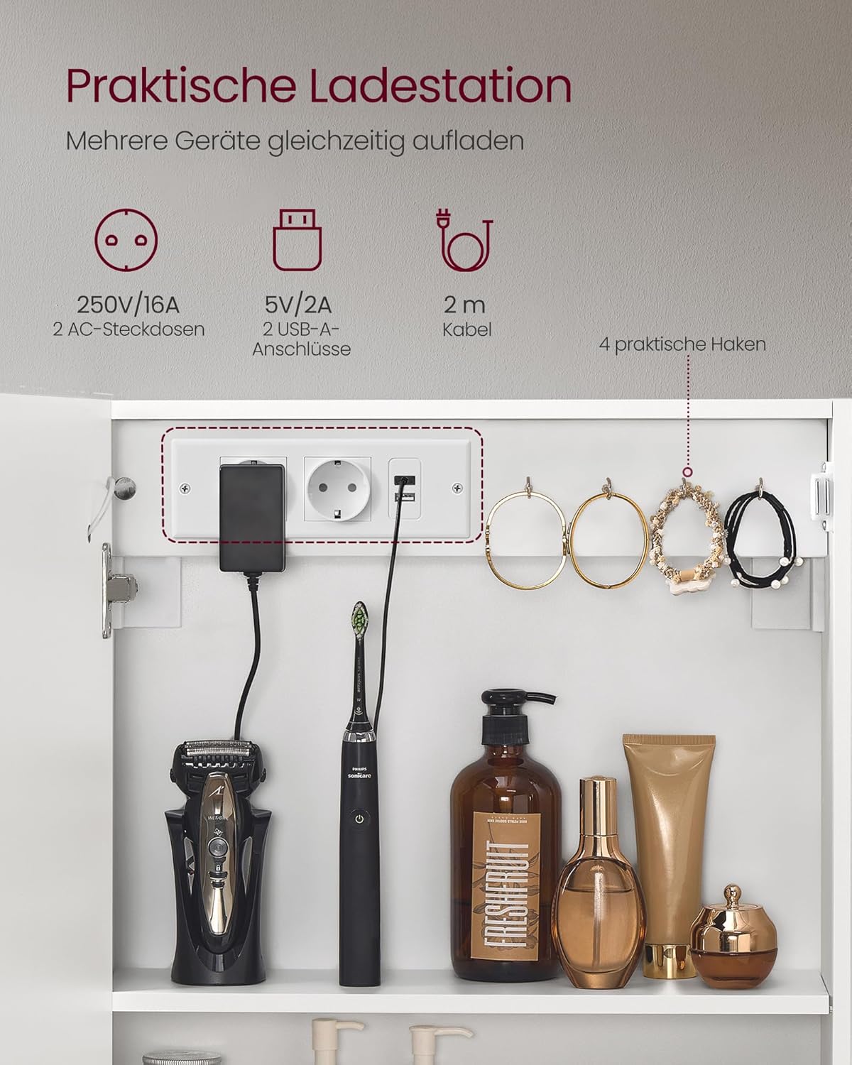 VASAGLE Spiegelschrank mit Beleuchtung Badezimmerschrank | Wandschrank, Steckdosenleiste, Entfogging-Funktion, 10x Vergrößerungsspiegel, KAILYN Kollektion, BBK134W01 — Ansicht 5