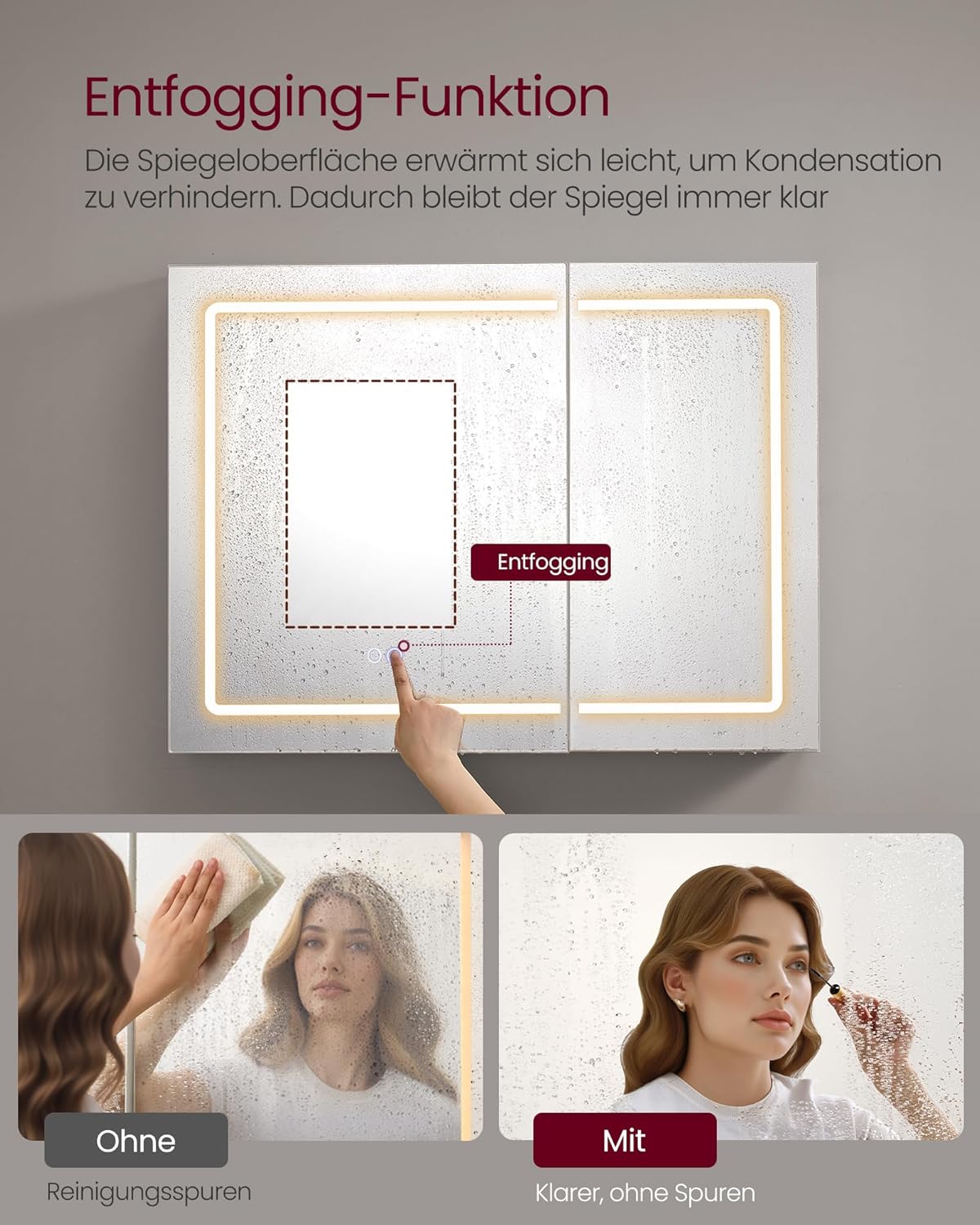 VASAGLE Spiegelschrank mit Beleuchtung Badezimmerschrank | Wandschrank, Steckdosenleiste, Entfogging-Funktion, 10x Vergrößerungsspiegel, KAILYN Kollektion, BBK134W01 — Ansicht 6
