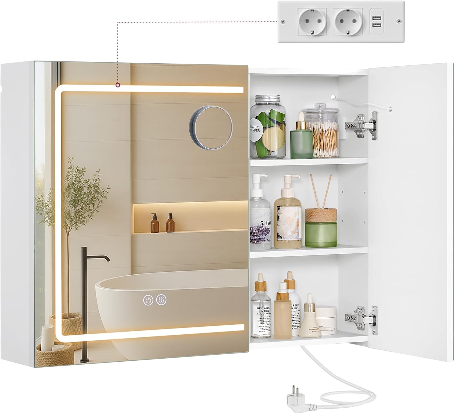 VASAGLE Spiegelschrank mit Beleuchtung Badezimmerschrank | Wandschrank, Steckdosenleiste, Entfogging-Funktion, 10x Vergrößerungsspiegel, KAILYN Kollektion, BBK134W01