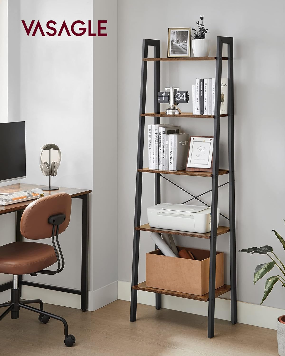 VASAGLE Standregal, Bücherregal mit 5 Ablagen, mit Metallgestell, einfache Montage, für Wohnzimmer, Schlafzimmer, Küche, 56 x 34 x 172 cm (L x B x H), vintagebraun-schwarz LLS45X — Ansicht 2