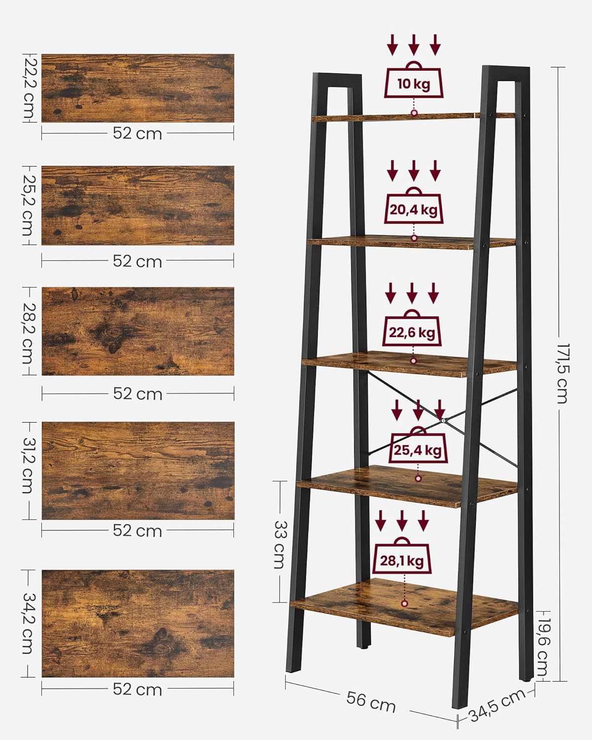 VASAGLE Standregal, Bücherregal mit 5 Ablagen, mit Metallgestell, einfache Montage, für Wohnzimmer, Schlafzimmer, Küche, 56 x 34 x 172 cm (L x B x H), vintagebraun-schwarz LLS45X — Ansicht 3