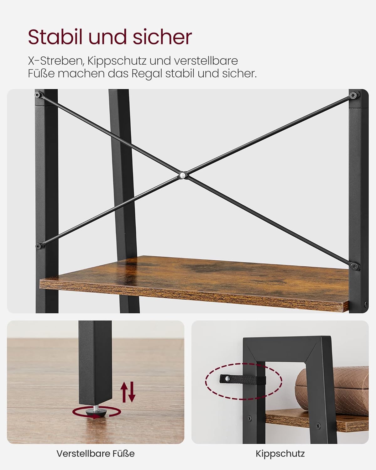 VASAGLE Standregal, Bücherregal mit 5 Ablagen, mit Metallgestell, einfache Montage, für Wohnzimmer, Schlafzimmer, Küche, 56 x 34 x 172 cm (L x B x H), vintagebraun-schwarz LLS45X — Ansicht 5