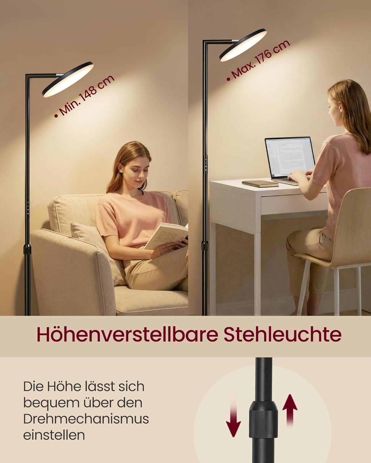 VASAGLE Stehlampe Wohnzimmer, LED-Stehleuchte höhenverstellbar, Standleuchte 36W, drehbarer Lampenkopf, Schlafzimmer, Timer, Memory-Funktion, Tasten- und Fernbedienung, Mattschwarz LFL008BD02 — Ansicht 3