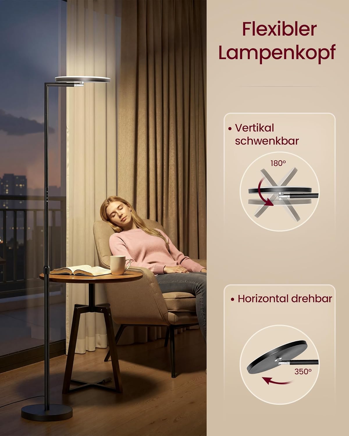 VASAGLE Stehlampe Wohnzimmer, LED-Stehleuchte höhenverstellbar, Standleuchte 36W, drehbarer Lampenkopf, Schlafzimmer, Timer, Memory-Funktion, Tasten- und Fernbedienung, Mattschwarz LFL008BD02 — Ansicht 4