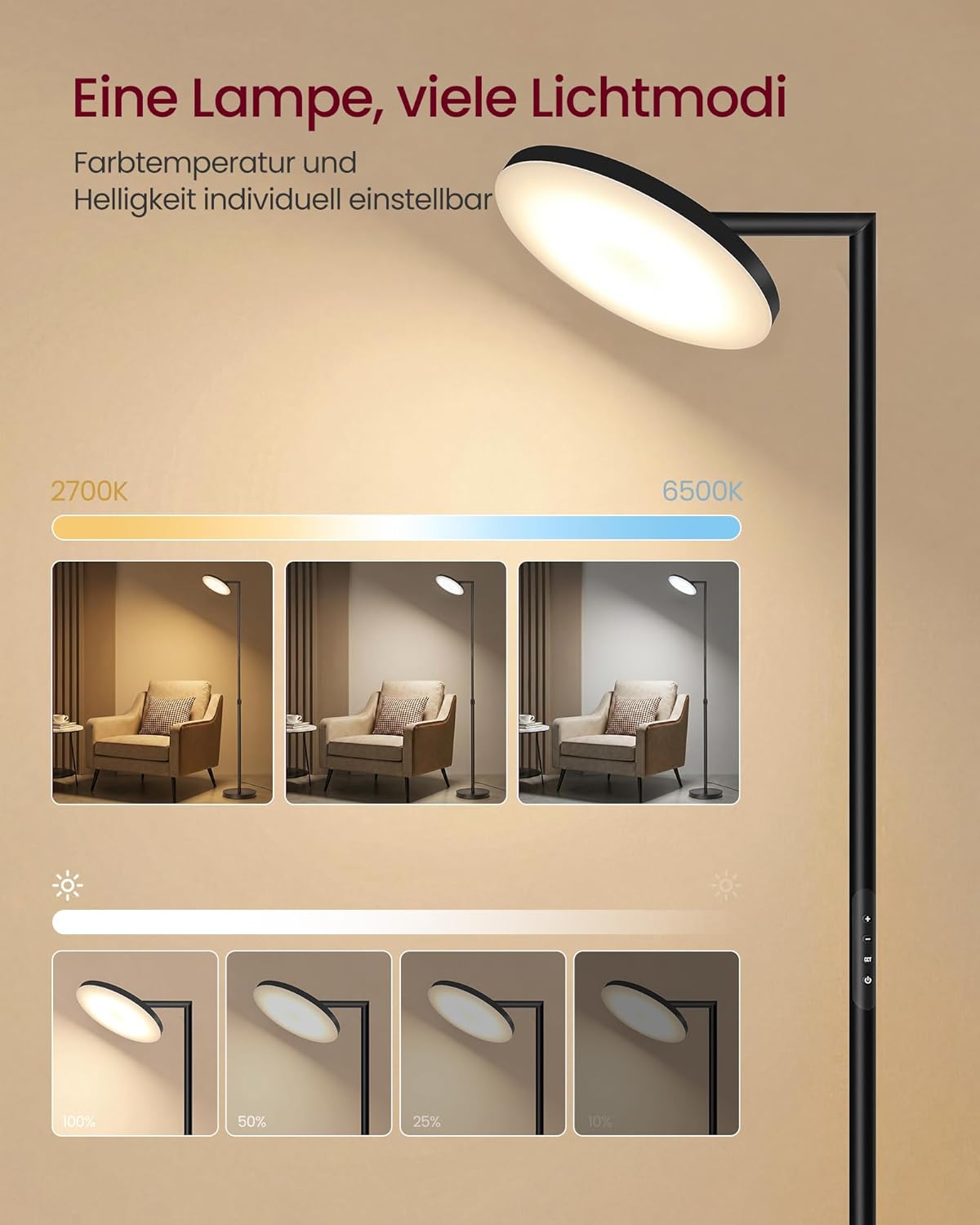 VASAGLE Stehlampe Wohnzimmer, LED-Stehleuchte höhenverstellbar, Standleuchte 36W, drehbarer Lampenkopf, Schlafzimmer, Timer, Memory-Funktion, Tasten- und Fernbedienung, Mattschwarz LFL008BD02 — Ansicht 5