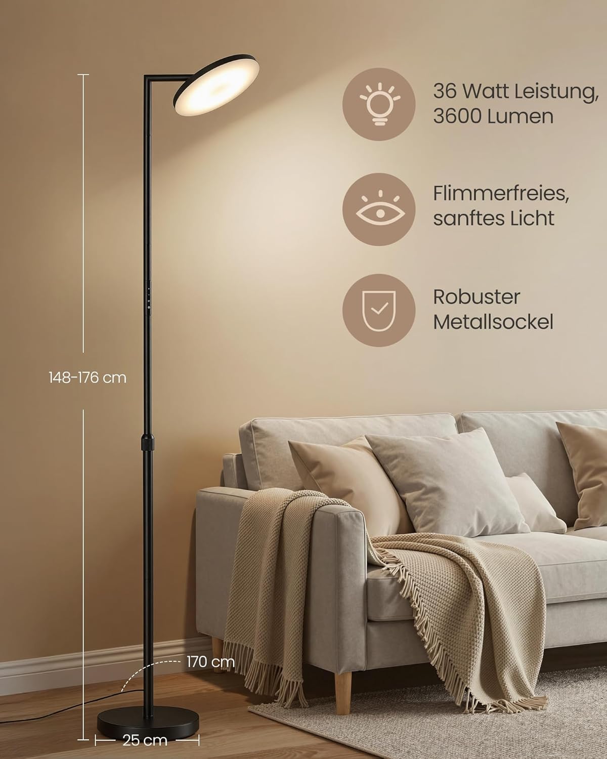 VASAGLE Stehlampe Wohnzimmer, LED-Stehleuchte höhenverstellbar, Standleuchte 36W, drehbarer Lampenkopf, Schlafzimmer, Timer, Memory-Funktion, Tasten- und Fernbedienung, Mattschwarz LFL008BD02 — Ansicht 6