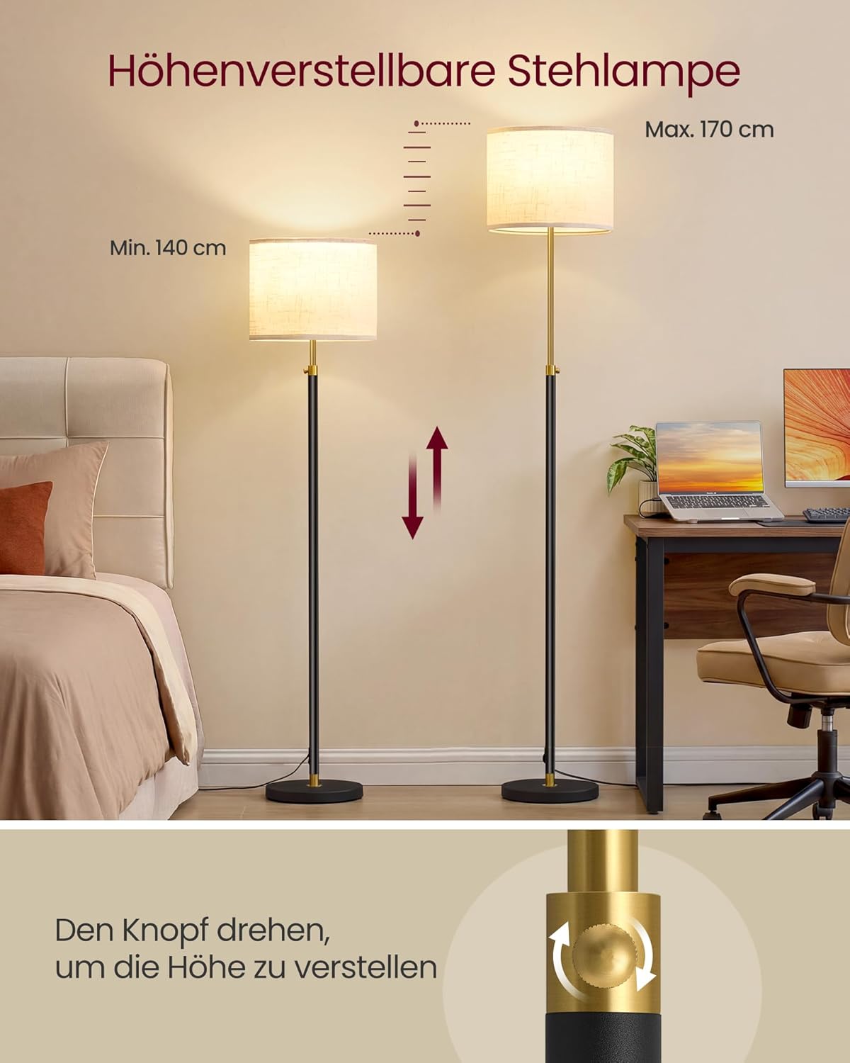VASAGLE Stehleuchte, Standleuchte, Stehlampe, höhenverstellbar, 140-170 cm hoch, modern, mit Fußtaster, Lampenschirm aus Stoff, E27 Fassung, Fernbedienung, Memory-Funktion, gold-schwarz LFL005BD02 — Ansicht 4