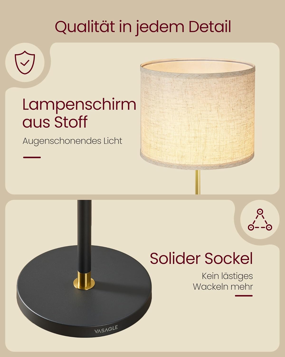 VASAGLE Stehleuchte, Standleuchte, Stehlampe, höhenverstellbar, 140-170 cm hoch, modern, mit Fußtaster, Lampenschirm aus Stoff, E27 Fassung, Fernbedienung, Memory-Funktion, gold-schwarz LFL005BD02 — Ansicht 6