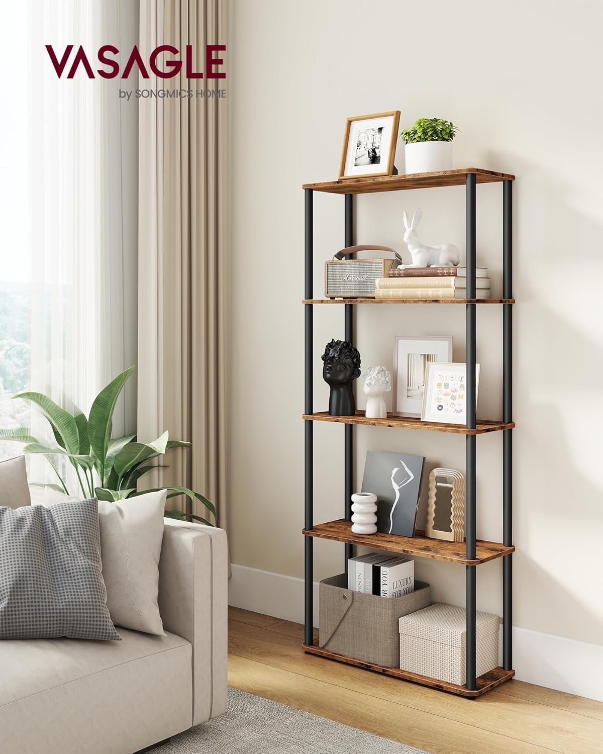 VASAGLE Superschnelle werkzeuglose Montage, Regal mit 5 Ebenen, Standregal, Aufbewahrungsregal, 23,8 x 60 x 139 cm, Wohnzimmer, Schlafzimmer, Küche, vintagebraun-tintenschwarz LLS165K01 — Ansicht 2