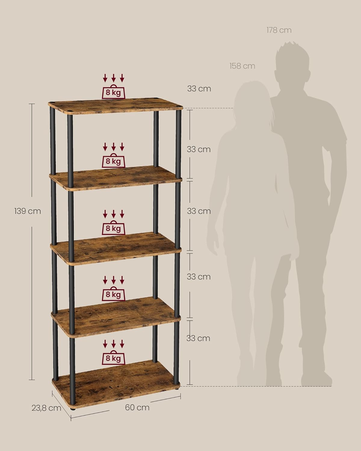 VASAGLE Superschnelle werkzeuglose Montage, Regal mit 5 Ebenen, Standregal, Aufbewahrungsregal, 23,8 x 60 x 139 cm, Wohnzimmer, Schlafzimmer, Küche, vintagebraun-tintenschwarz LLS165K01 — Ansicht 3