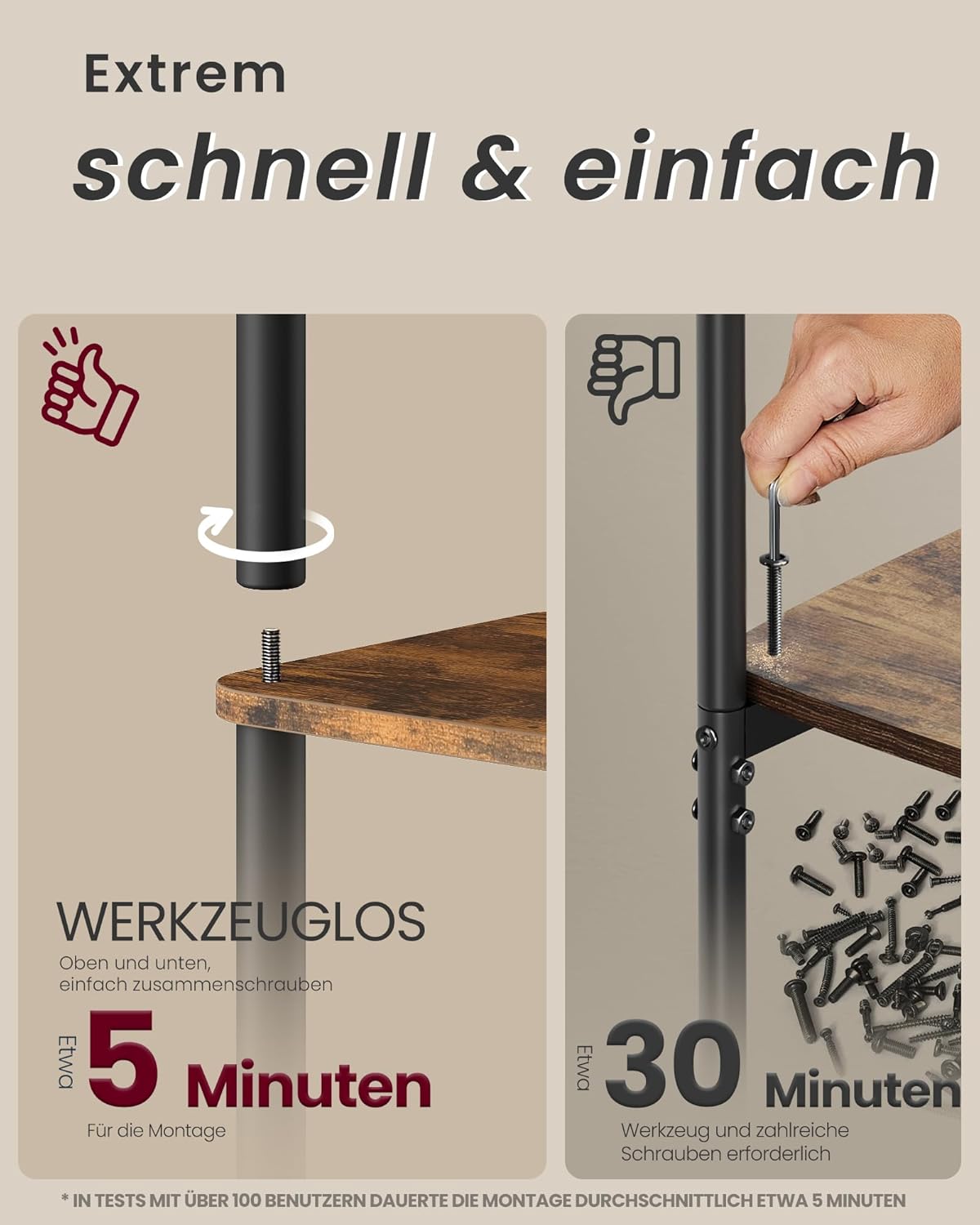 VASAGLE Superschnelle werkzeuglose Montage, Regal mit 5 Ebenen, Standregal, Aufbewahrungsregal, 23,8 x 60 x 139 cm, Wohnzimmer, Schlafzimmer, Küche, vintagebraun-tintenschwarz LLS165K01 — Ansicht 4