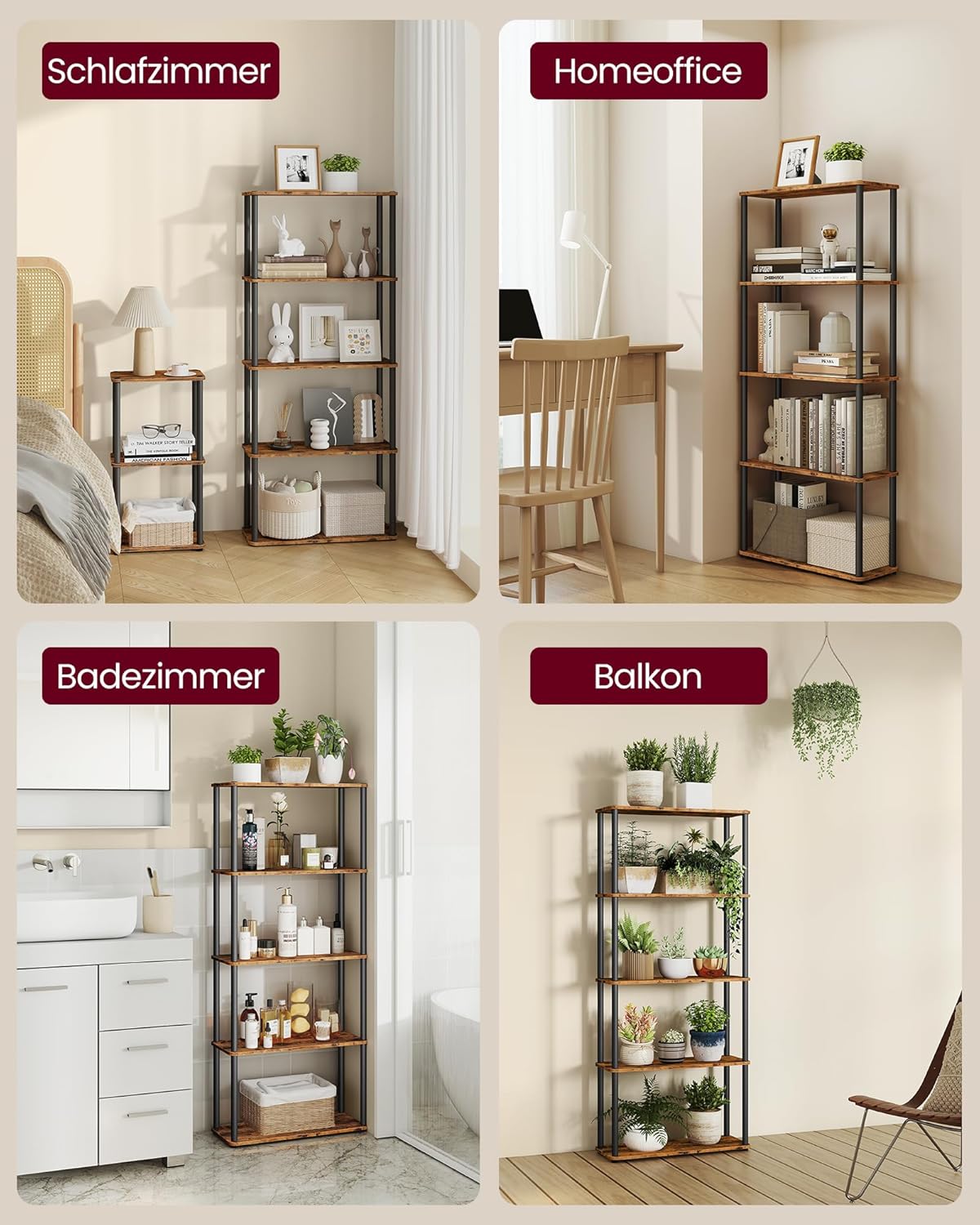 VASAGLE Superschnelle werkzeuglose Montage, Regal mit 5 Ebenen, Standregal, Aufbewahrungsregal, 23,8 x 60 x 139 cm, Wohnzimmer, Schlafzimmer, Küche, vintagebraun-tintenschwarz LLS165K01 — Ansicht 5