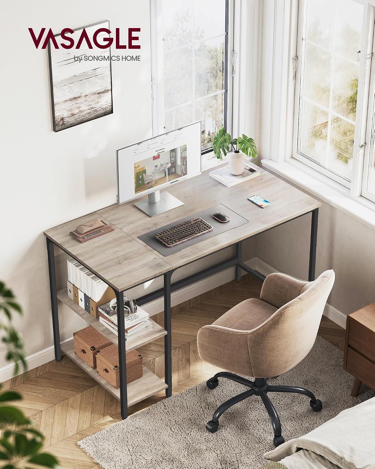 VASAGLE Tisch, Computertisch, Bürotisch, 120 x 60 x 76 cm, moderner Stil, für Arbeitszimmer, Schlafzimmer, Wohnzimmer, Greige-schwarz LWD47MB — Ansicht 2